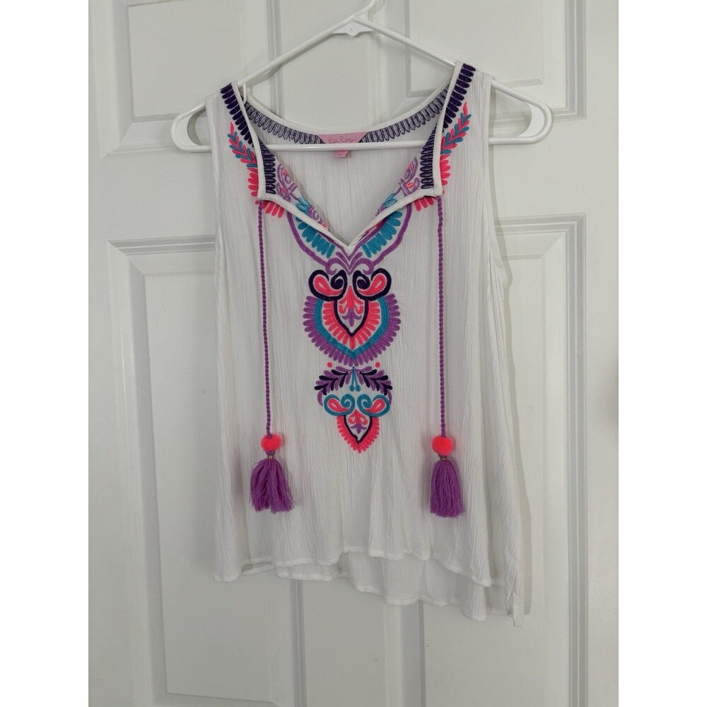 Lilly Pulitzer White Embroidered Tank Top Boho Tassels Resort Hot Pink XS